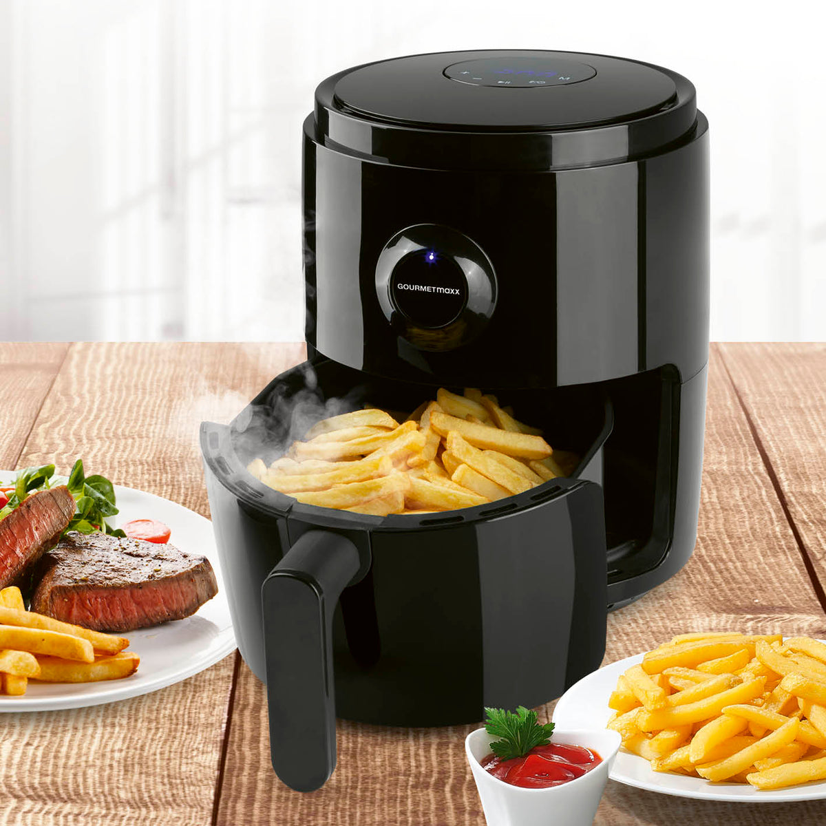 Heißluftfritteuse - 3 l mit 1400 W, 360°-Luftzirkulation, 8 Funktionen, spart Fett und Zeit beim frittierten Lieblingsessen.