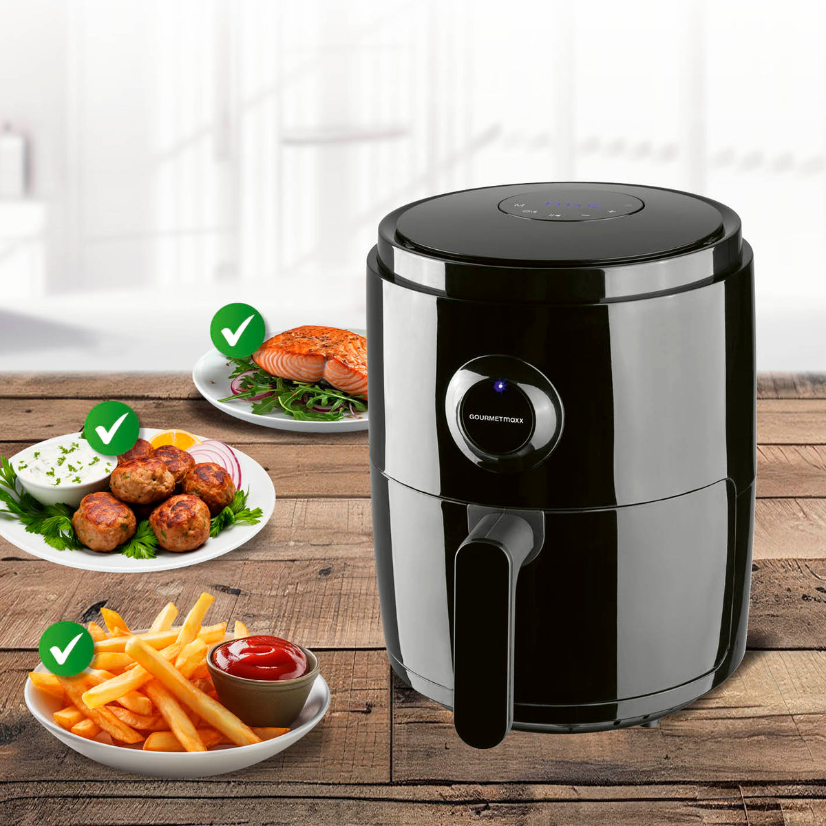 Heißluftfritteuse - 3 l mit 1400 W, 360°-Luftzirkulation, 8 Funktionen, 60-Minuten-Timer und Cool-Touch-Technologie.