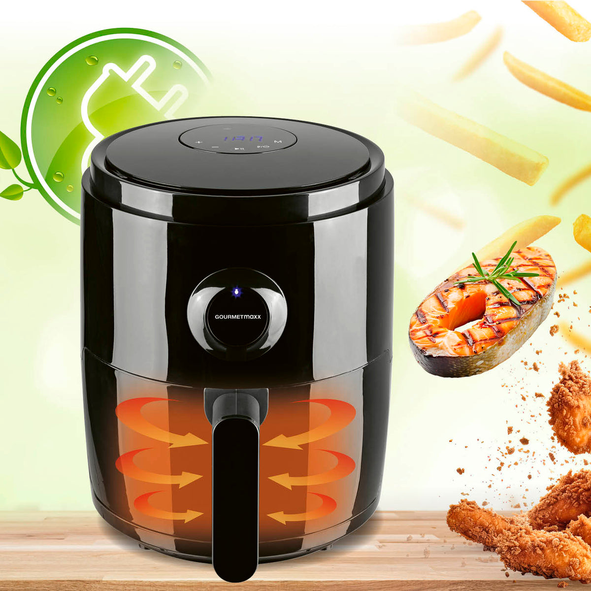 Heißluftfritteuse - 3 l mit 1400 W, 360° Luftzirkulation, 8 Funktionen, 60-Minuten-Timer für fettarmes Frittieren.