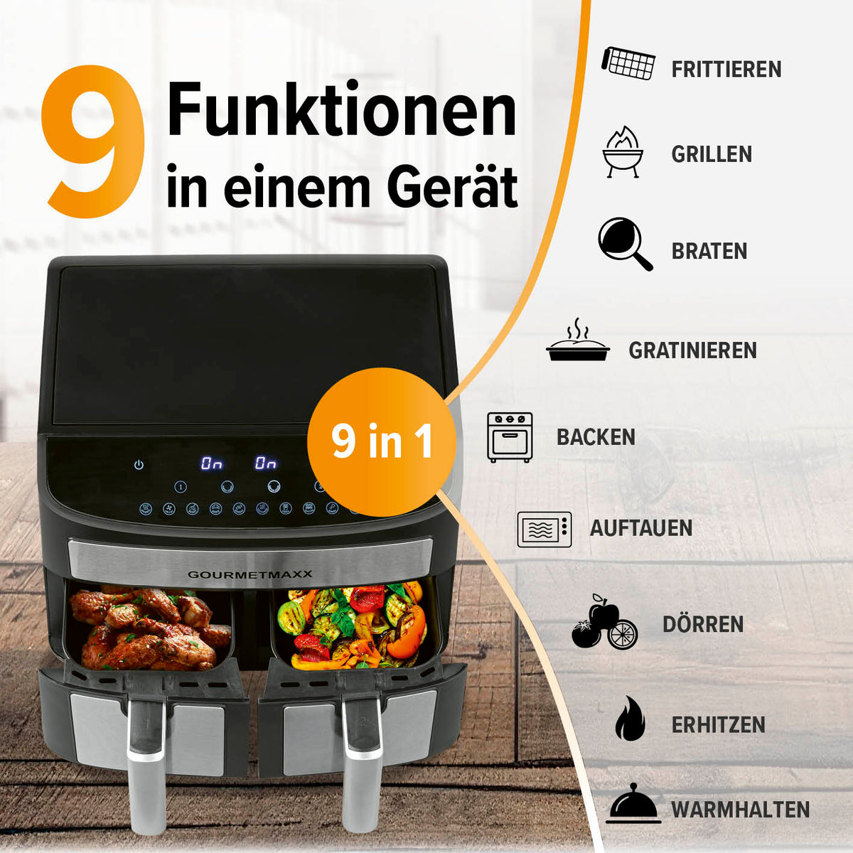 Doppelkammer-Heißluftfritteuse - 2 x 3,5 L mit 9 Funktionen für fettarmes Frittieren, Grillen, Backen und mehr in einem Gerät.