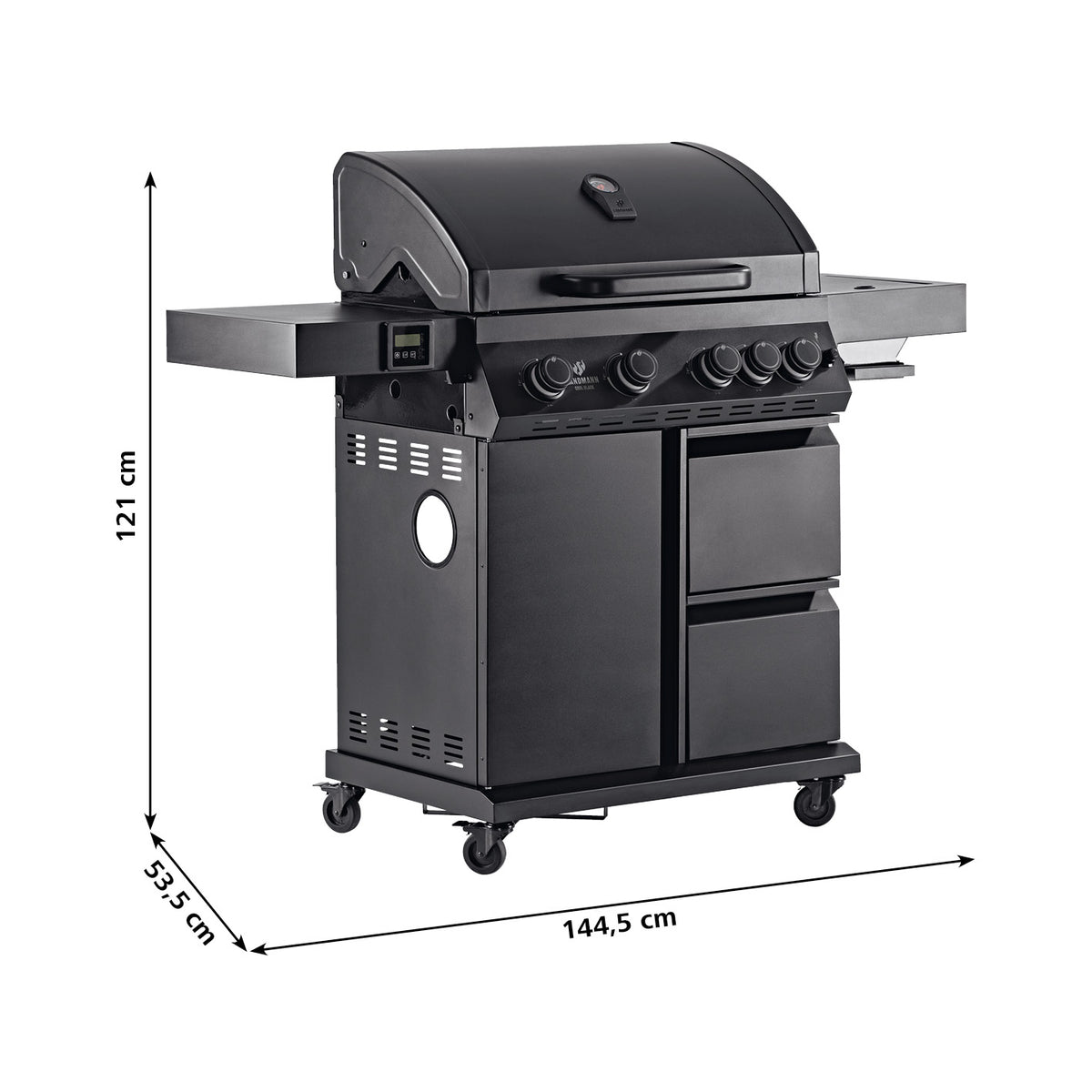 Gasgrill COOL BLACK 4.1 maxX mit 4 Brennern, Thermobox-Schublade und stufenlos einstellbarer maxX-Zone bis 800 °C in Schwarz.