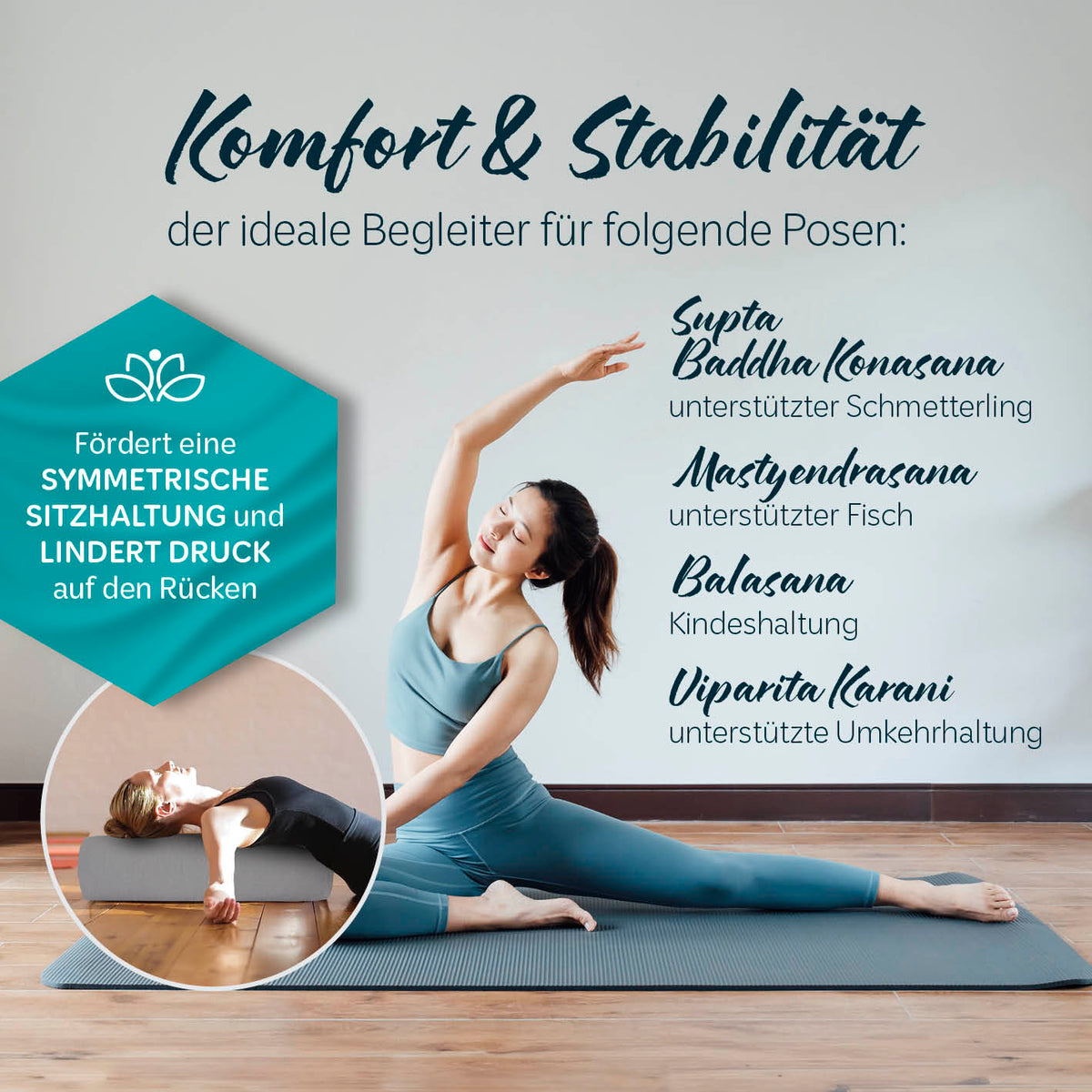 Yoga-Bolster Paravati - gefüllt mit Bio-Dinkelspelz, 67 x 22 x 13 cm, Zementgrau, ideale Unterstützung für Yoga-Übungen.
