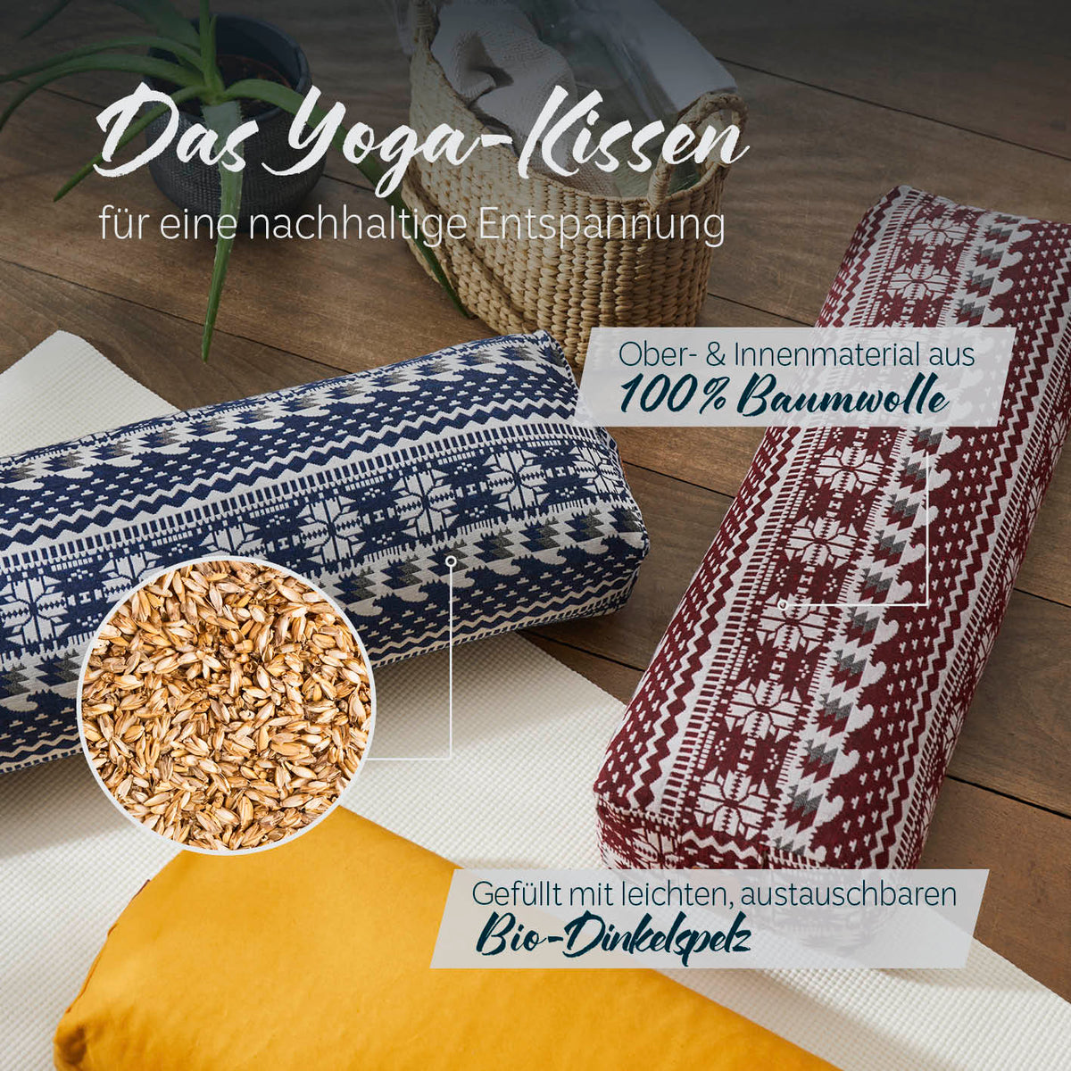 Yoga-Bolster Paravati - gefüllt mit Bio-Dinkelspelz, Baumwollbezug, 67 x 22 x 13 cm, Style 7 Schwarz-Weiß.
