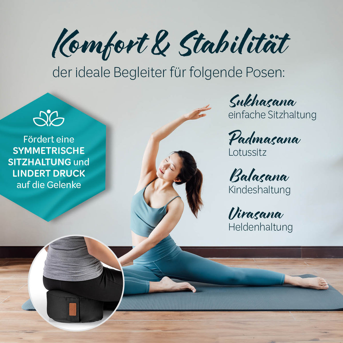 Yoga-Kissen Vishnu - gefüllt mit Bio-Dinkelspelz, rund 30x30x15 cm, schwarz, unterstützt symmetrische Sitzhaltung und lindert Gelenkdruck.
