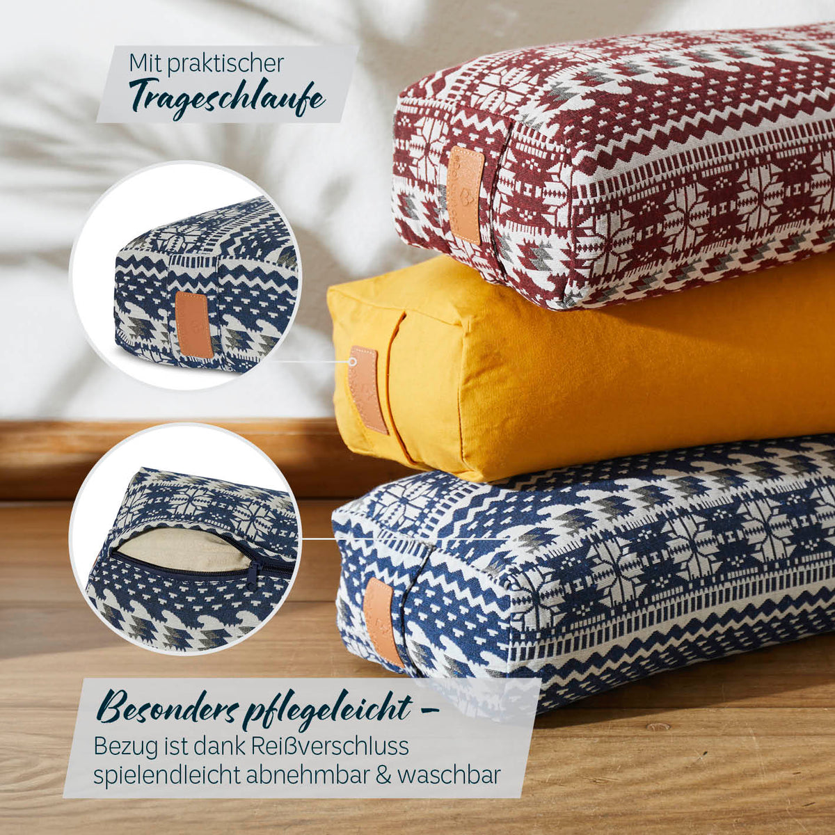 Yoga-Bolster Paravati - gefüllt mit Bio-Dinkelspelz, 67 x 22 x 13 cm, Style 1 Blau-Weiß, waschbarer Bezug mit praktischem Tragegriff.