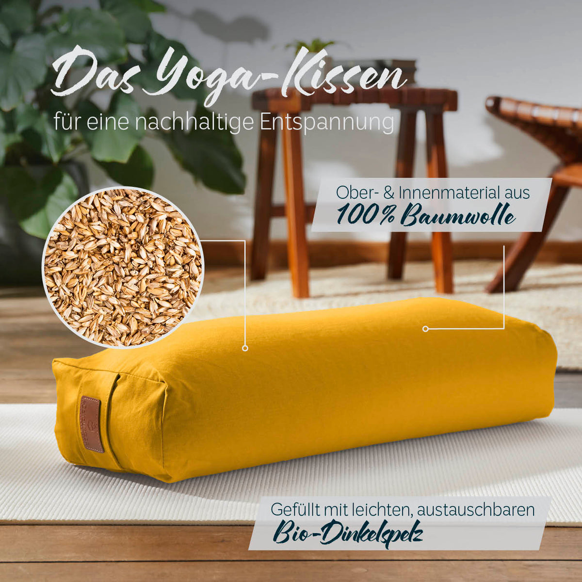 Yoga-Bolster Paravati, gefüllt mit Bio-Dinkelspelz, Bezug aus 100% Baumwolle, 67 x 22 x 13 cm, Indischgelb.