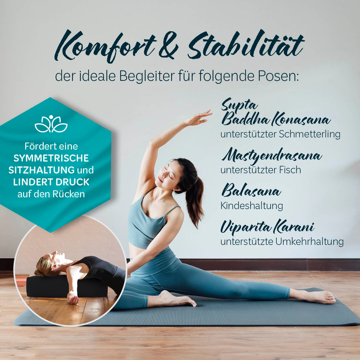 Yoga-Bolster Paravati - gefüllt mit Bio-Dinkelspelz - 67x22x13 cm schwarz, unterstützt Symmetrie und Stabilität in Yoga-Posen.