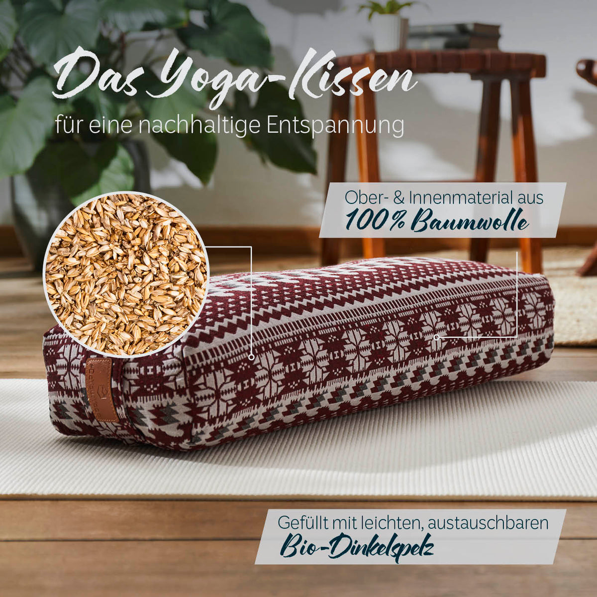 Yoga-Bolster Paravati - gefüllt mit Bio-Dinkelspelz, 67 x 22 x 13 cm, Style 9 (Rot-Weiß), 100% Baumwollbezug