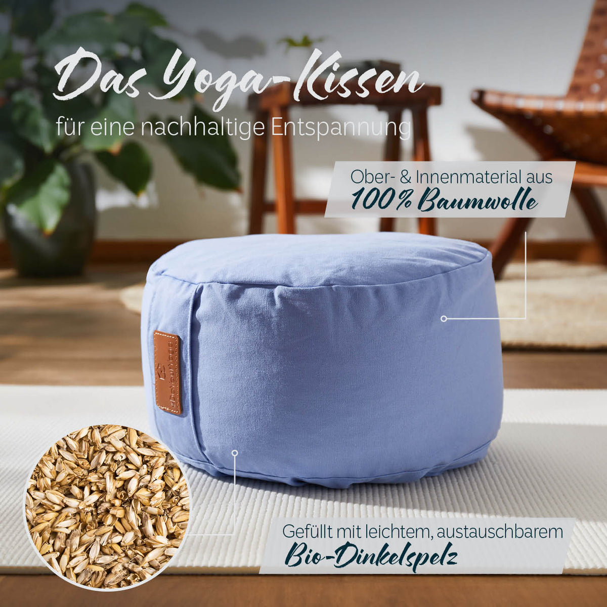 Yoga-Kissen Vishnu rund 30x30x15 cm, gefüllt mit Bio-Dinkelspelz, Bezug aus 100% Baumwolle, ideal für Yoga und Entspannung.