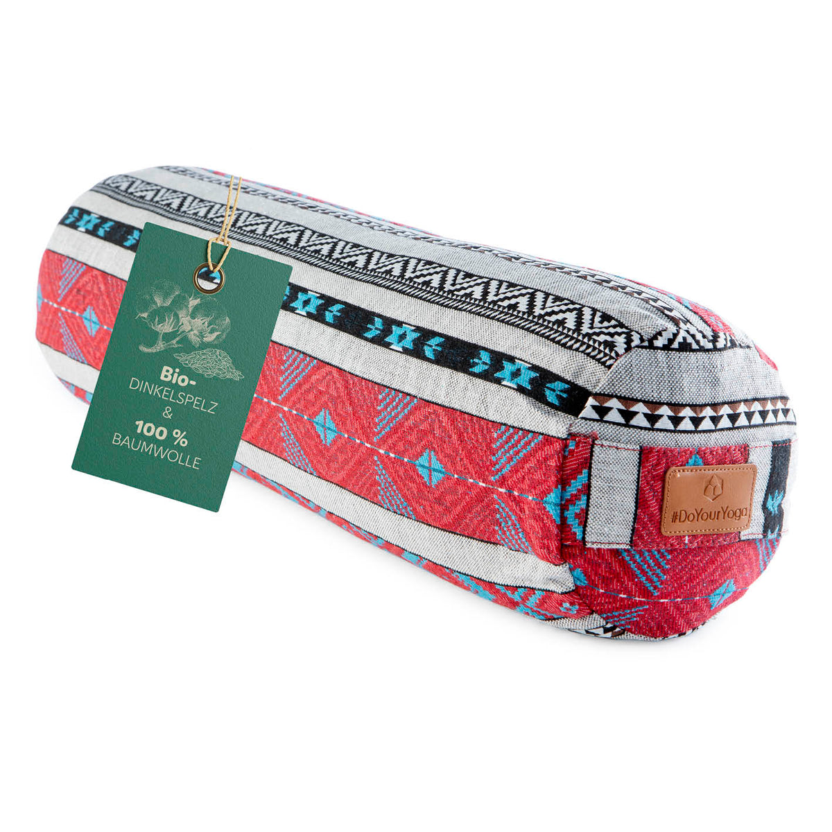 Yoga-Bolster Tarik - gefüllt mit Bio-Dinkelspelz, 68 x 22 x 22 cm, bunte indische Muster, ideal für Meditation und Yoga.