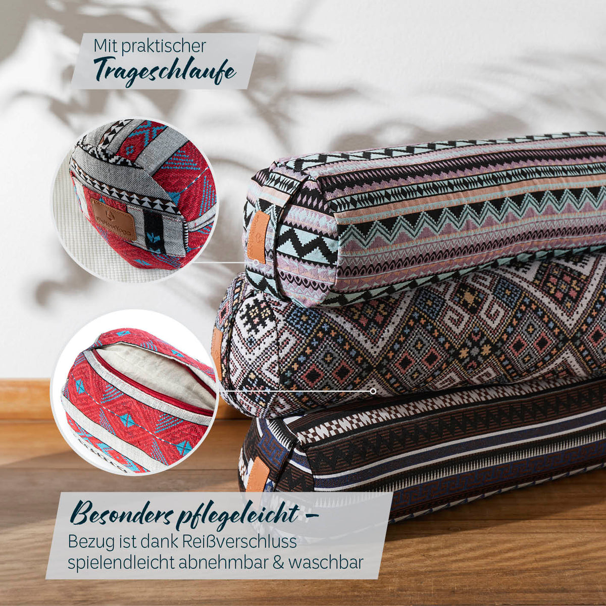 Yoga-Bolster Tarik - gefüllt mit Bio-Dinkelspelz, 68 x 22 x 22 cm, mit praktischem Tragegriff und waschbarem Bezug.