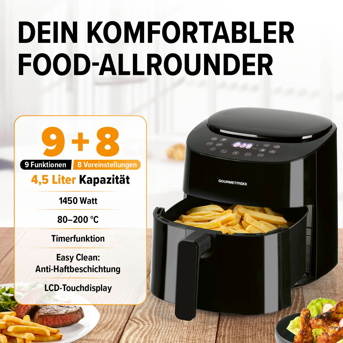 Heißluftfritteuse - 4,5 l von GOURMETmaxx mit 9 Funktionen, 1450 Watt, LCD-Touchdisplay und Timerfunktion für fettarmes Frittieren.