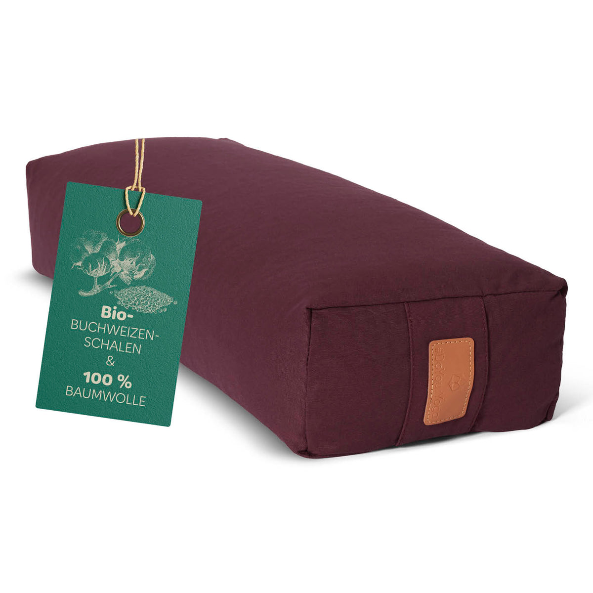 Yoga-Bolster Paravati mit Bio-Buchweizenschalen gefüllt, waschbarer Bezug, Maße 67 x 22 x 13 cm, Farbe Bordeaux.