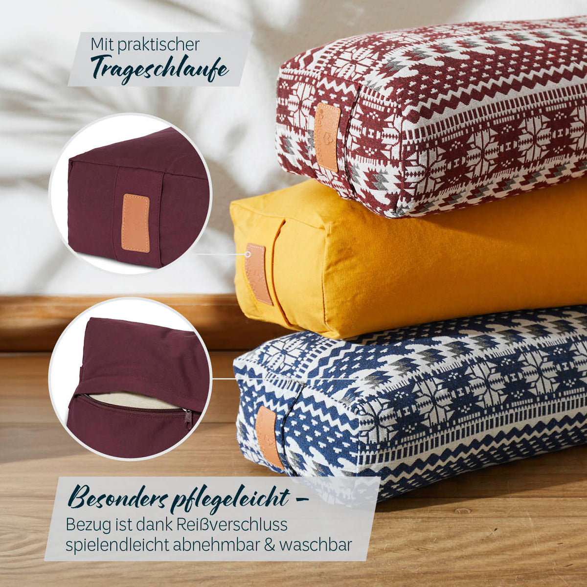 Yoga-Bolster Paravati - gefüllt mit Bio-Buchweizenschalen, 67 x 22 x 13 cm, pflegeleichter Bezug mit Reißverschluss, Bordeaux.