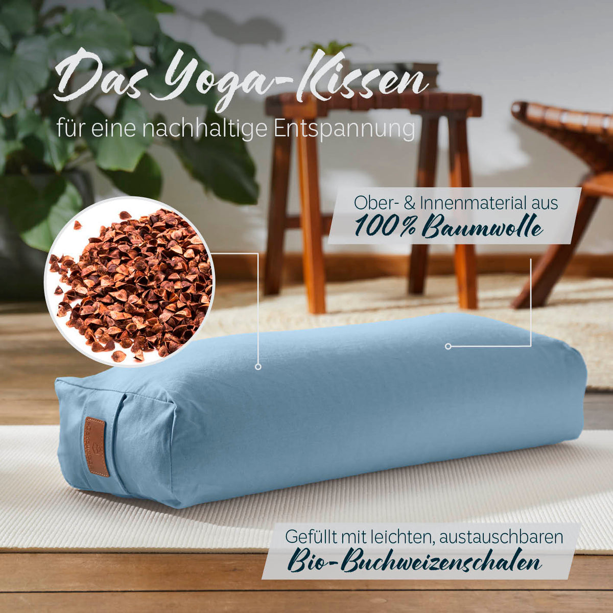 Yoga-Bolster Paravati 67x22x13 cm hellblau, gefüllt mit Bio-Buchweizenschalen, Bezug aus 100% Baumwolle, abnehmbar und waschbar.