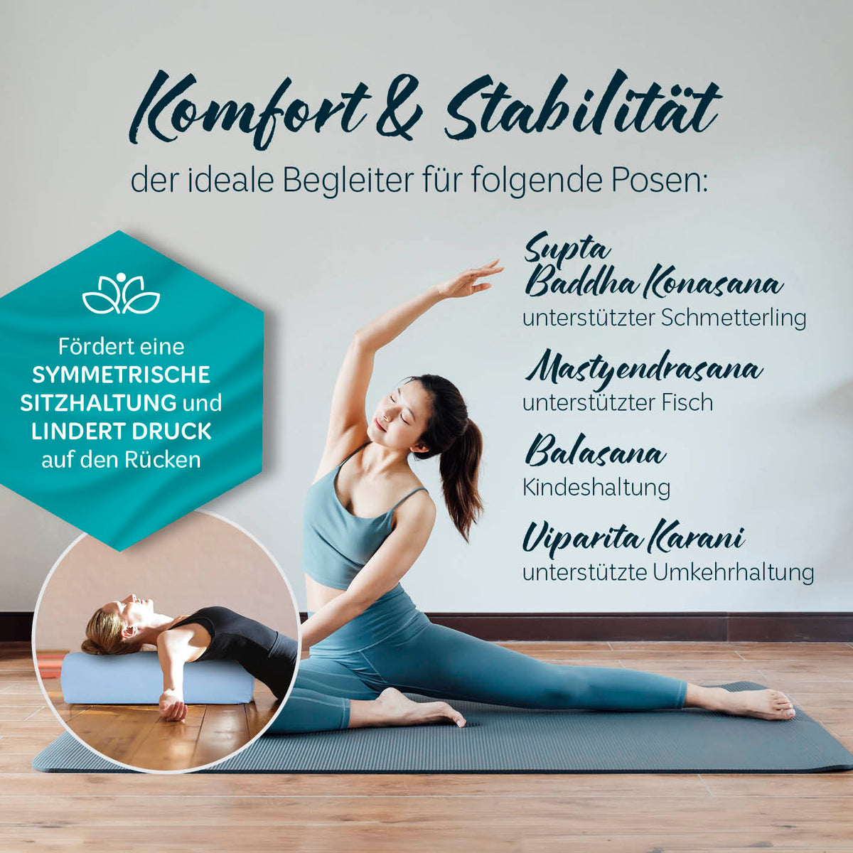 Yoga-Bolster Paravati - gefüllt mit Bio-Buchweizenschalen, hellblau, zur Unterstützung von Yoga-Posen für Komfort und Stabilität.
