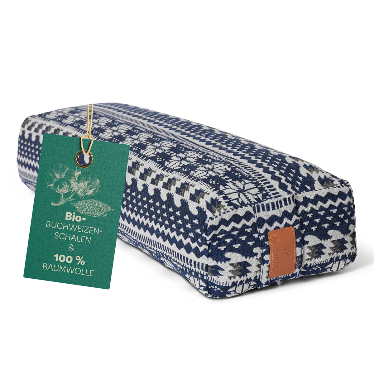 Yoga-Bolster Paravati 67x22x13 cm mit Bio-Buchweizenschalen gefüllt, blau-weiß gemustert, waschbarer Baumwollbezug