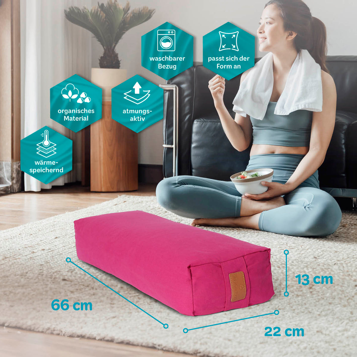 Yoga-Bolster Paravati – gefüllt mit Bio-Buchweizenschalen, 67 x 22 x 13 cm, pink, waschbarer Bezug, anpassbar und atmungsaktiv.