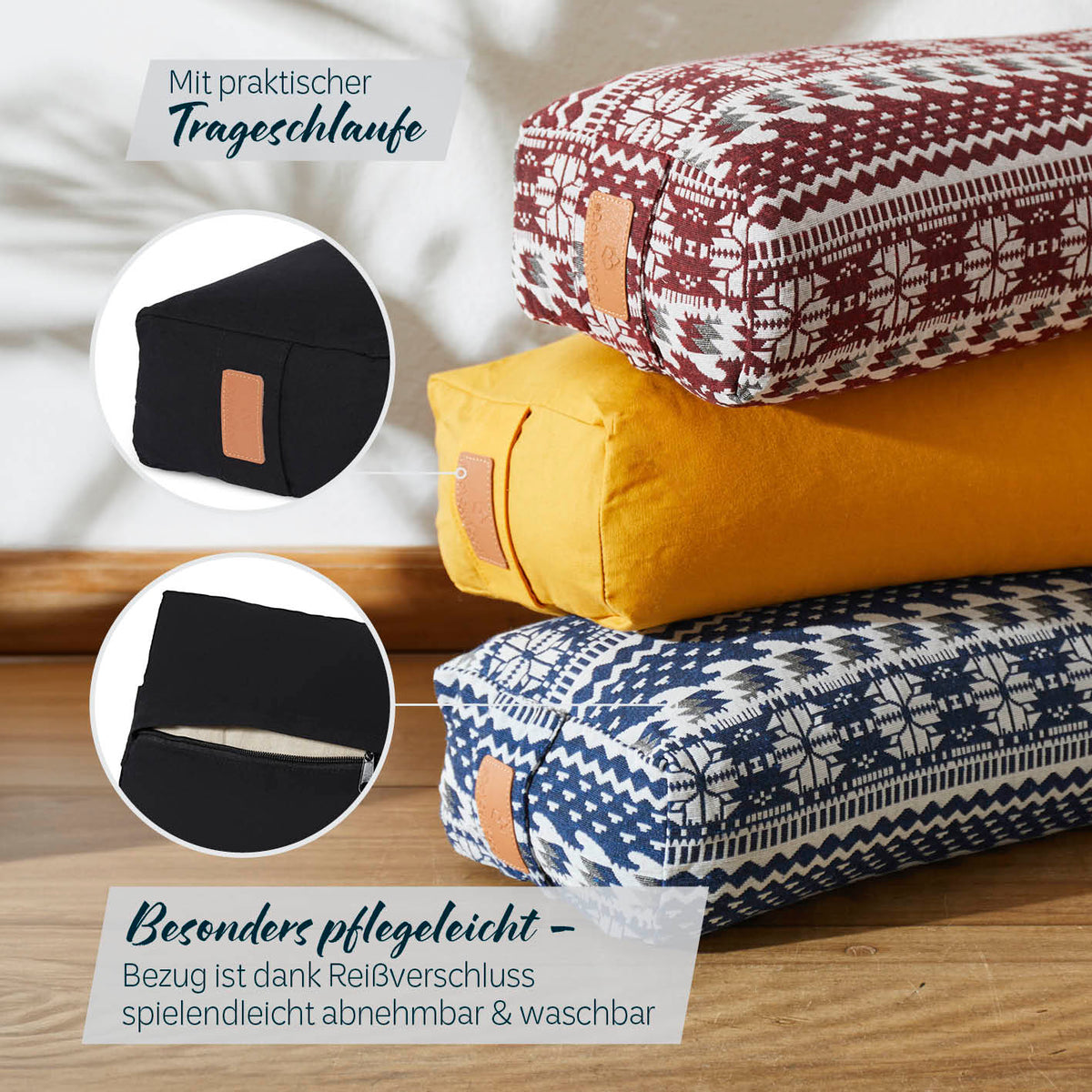 Yoga-Bolster Paravati - gefüllt mit Bio-Buchweizenschalen - 67 x 22 x 13 cm - Schwarz, pflegeleichter Bezug mit Reißverschluss.