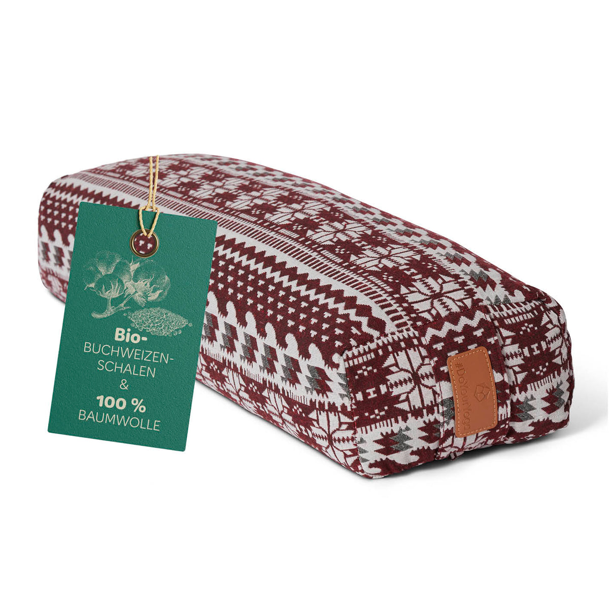 Yoga-Bolster Paravati 67x22x13 cm mit Bio-Buchweizenschalen gefüllt, Bezug aus 100% Baumwolle in Rot-Weiß, waschbar und anpassbar.