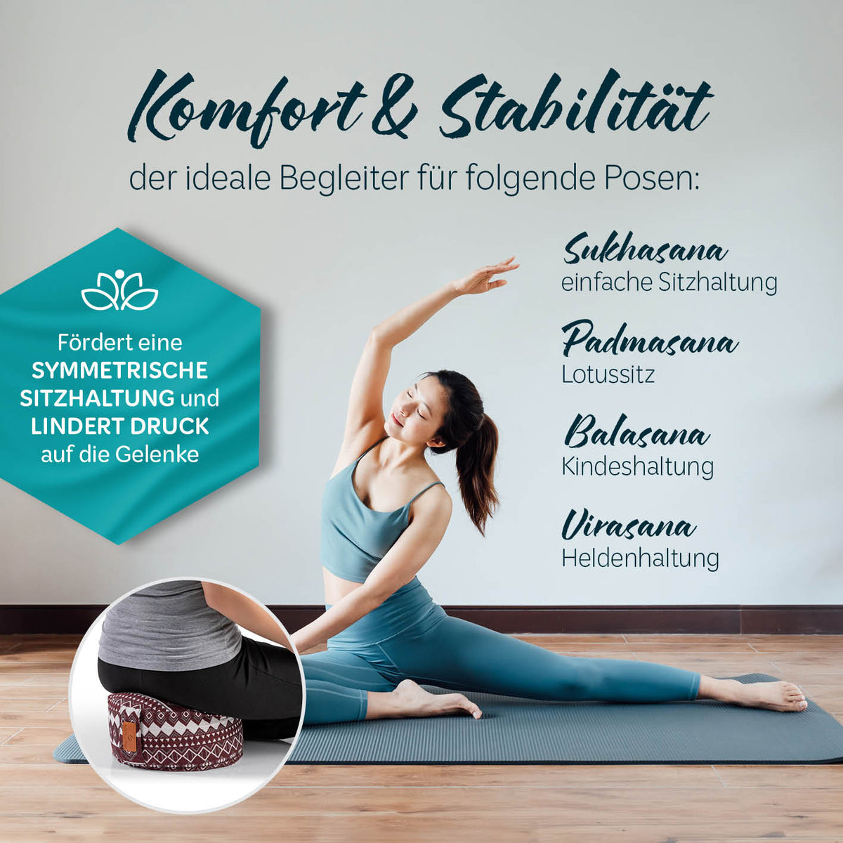 Yoga-Kissen Vishnu gefüllt mit Bio-Buchweizenschalen, rund 30x30x15 cm, Style 2 (Rot-Weiß), unterstützt stabile Sitzhaltung und Gelenke.