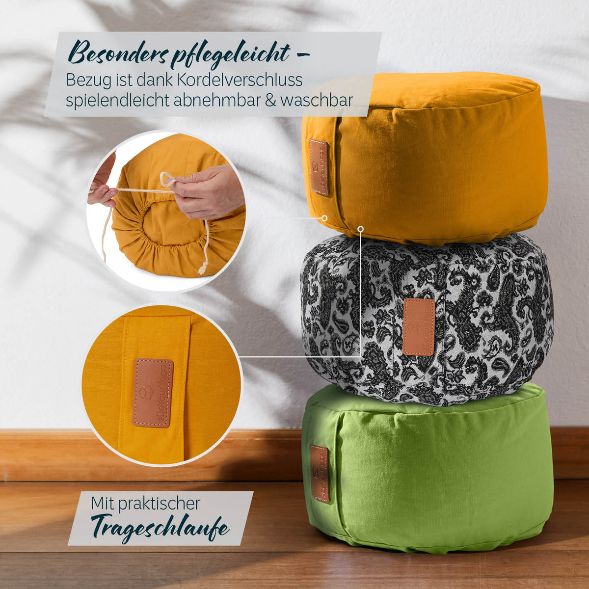 Yoga-Kissen Vishnu rund 30x30x15 cm in Curry, pflegeleicht mit abnehmbarem Bezug und praktischer Trageschlaufe aus 100% Baumwolle.