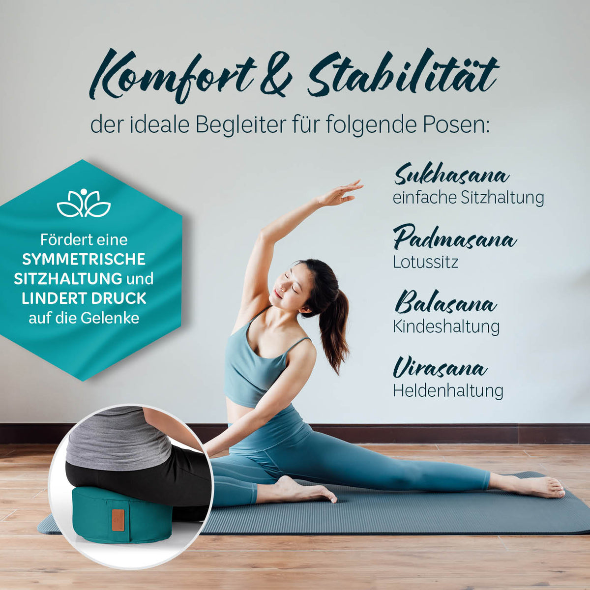 Yoga-Kissen Vishnu rund 30x30x15 cm dunkelgrün, gefüllt mit Bio-Buchweizenschalen, unterstützt Sitzhaltungen bei Yoga und Pilates.