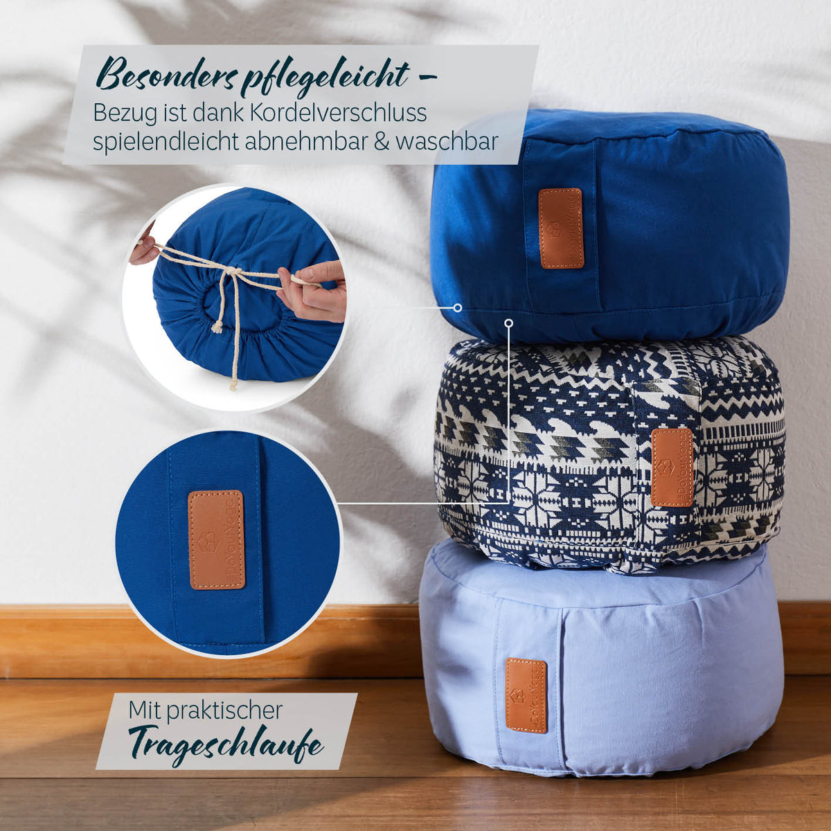 Yoga-Kissen Vishnu gefüllt mit Bio-Buchweizenschalen, rund 30x30x15 cm, navyblau, pflegeleicht, mit Kordelverschluss und Trageschlaufe.