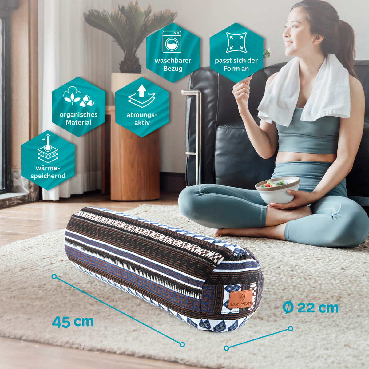 Yoga-Bolster Tarik gefüllt mit Bio-Buchweizenschalen, 68 x 22 x 22 cm, ergonomisch, waschbarer Bezug, atmungsaktiv, organisch, wärmend.