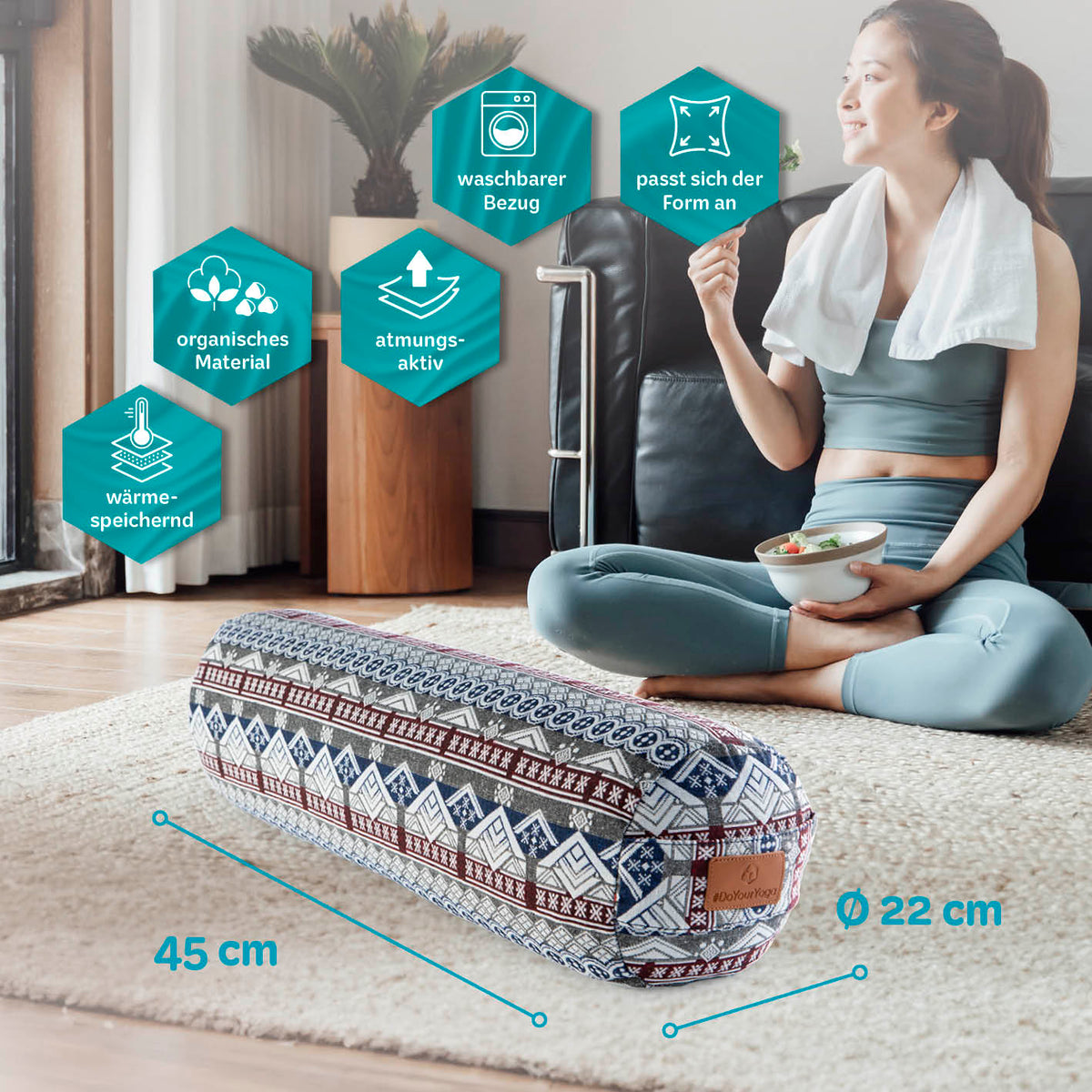 Yoga-Bolster Tarik - gefüllt mit Bio-Buchweizenschalen, 68 x 22 x 22 cm, waschbarer Bezug, organisch und wärmespeichernd.
