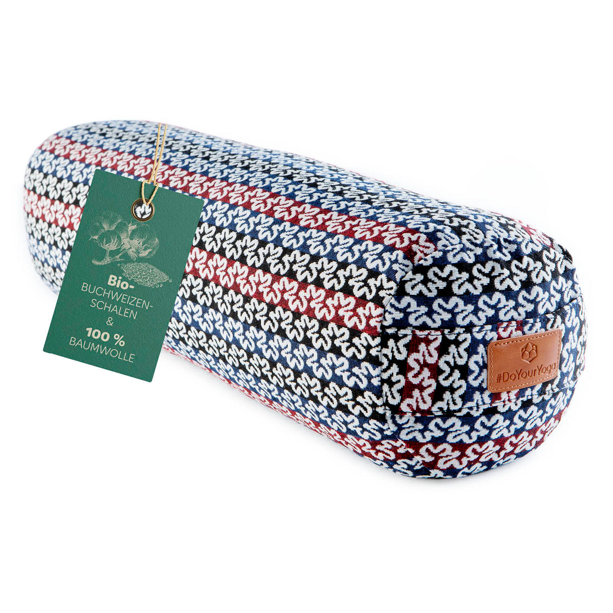 Yoga-Bolster Tarik gefüllt mit Bio-Buchweizenschalen, 68x22x22 cm, indisches Design, Meditations- und Yogakissen, waschbarer Bezug.