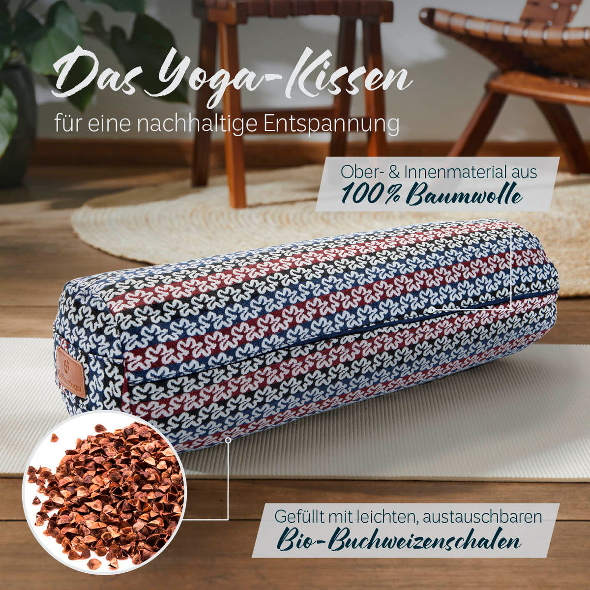 Yoga-Bolster Tarik gefüllt mit Bio-Buchweizenschalen, 68x22x22 cm, nachhaltiges Meditations- und Yogakissen im indischen Design.