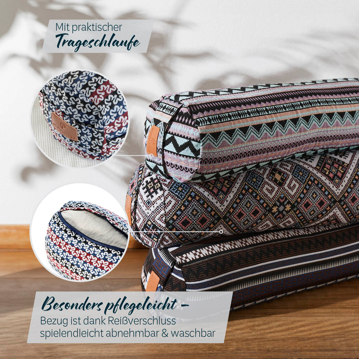 Yoga-Bolster Tarik gefüllt mit Bio-Buchweizenschalen, 68x22x22 cm, abnehmbarer, waschbarer Bezug, praktischer Tragegriff, Style 17.