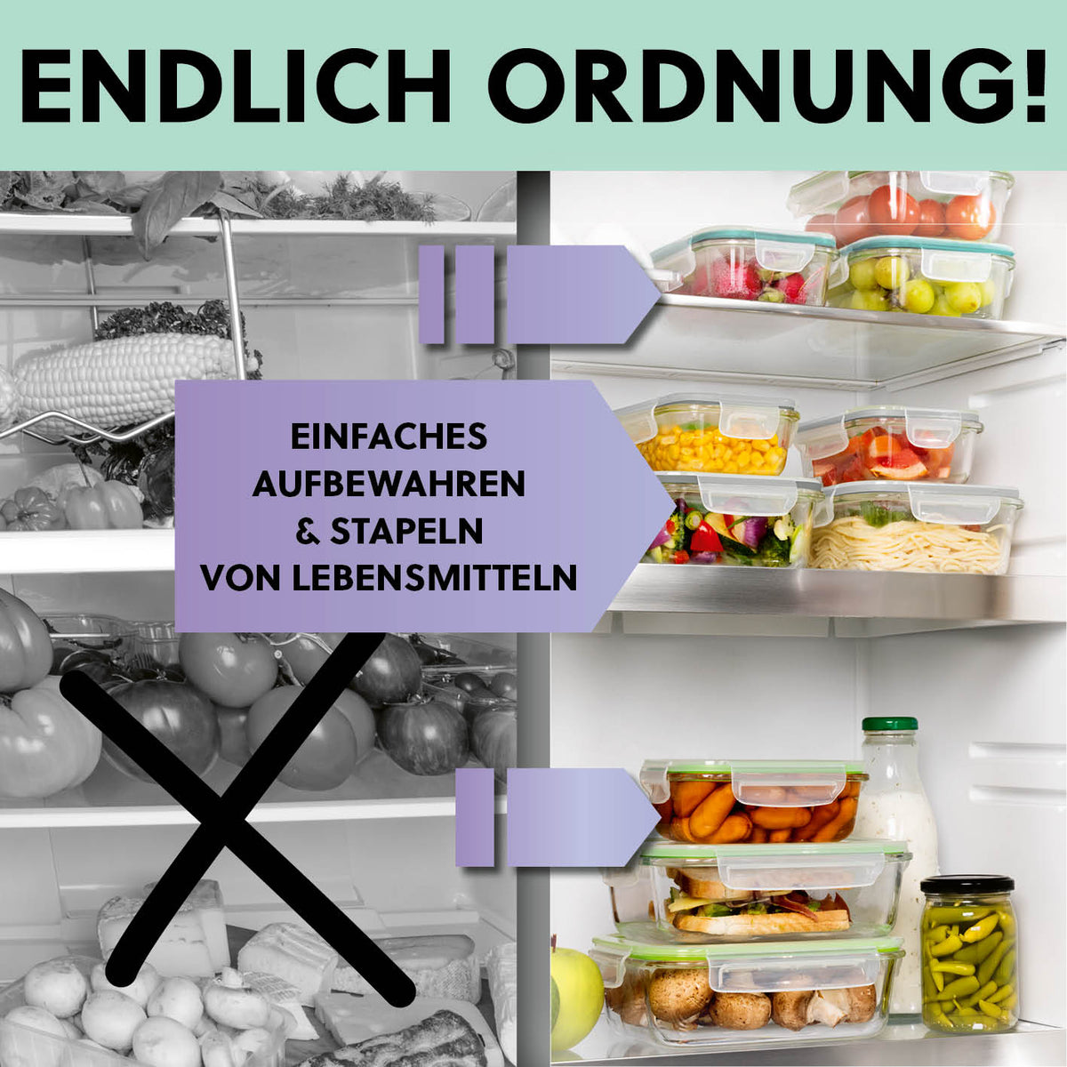 Frischhaltedosen Klick-it, 12-tlg., Grau – stapelbare, luftdichte Glasdosen für einfache Aufbewahrung und Ordnung im Kühlschrank.