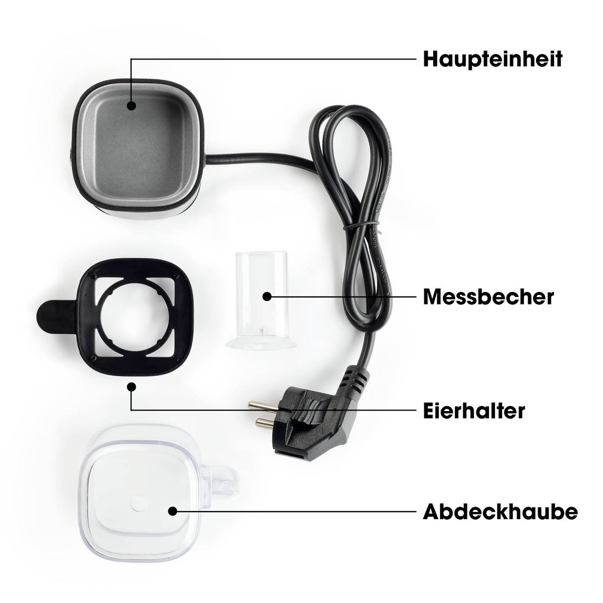 Design-Eierkocher 1 Ei - Edelstahl mit Messbecher, Eierhalter, Abdeckhaube und Haupteinheit für perfekte Eierzubereitung.