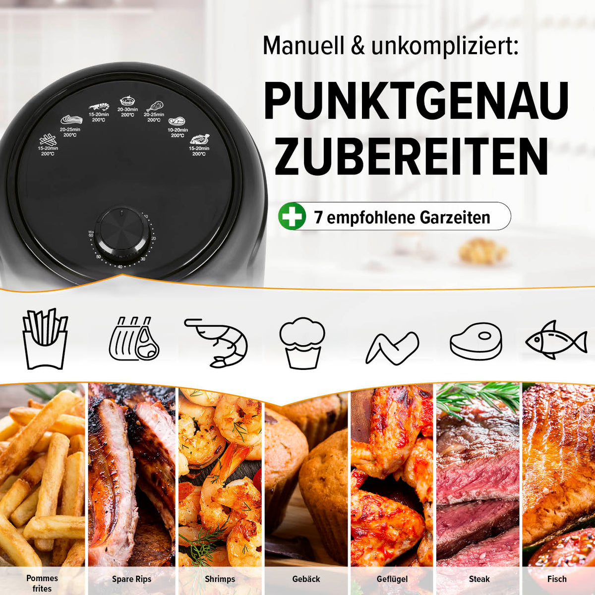 Heißluftfritteuse 2,3l mit 7 Garzeiten für Pommes, Spare Ribs, Shrimps, Gebäck, Geflügel, Steak und Fisch, 360° Rapid Air Technology.