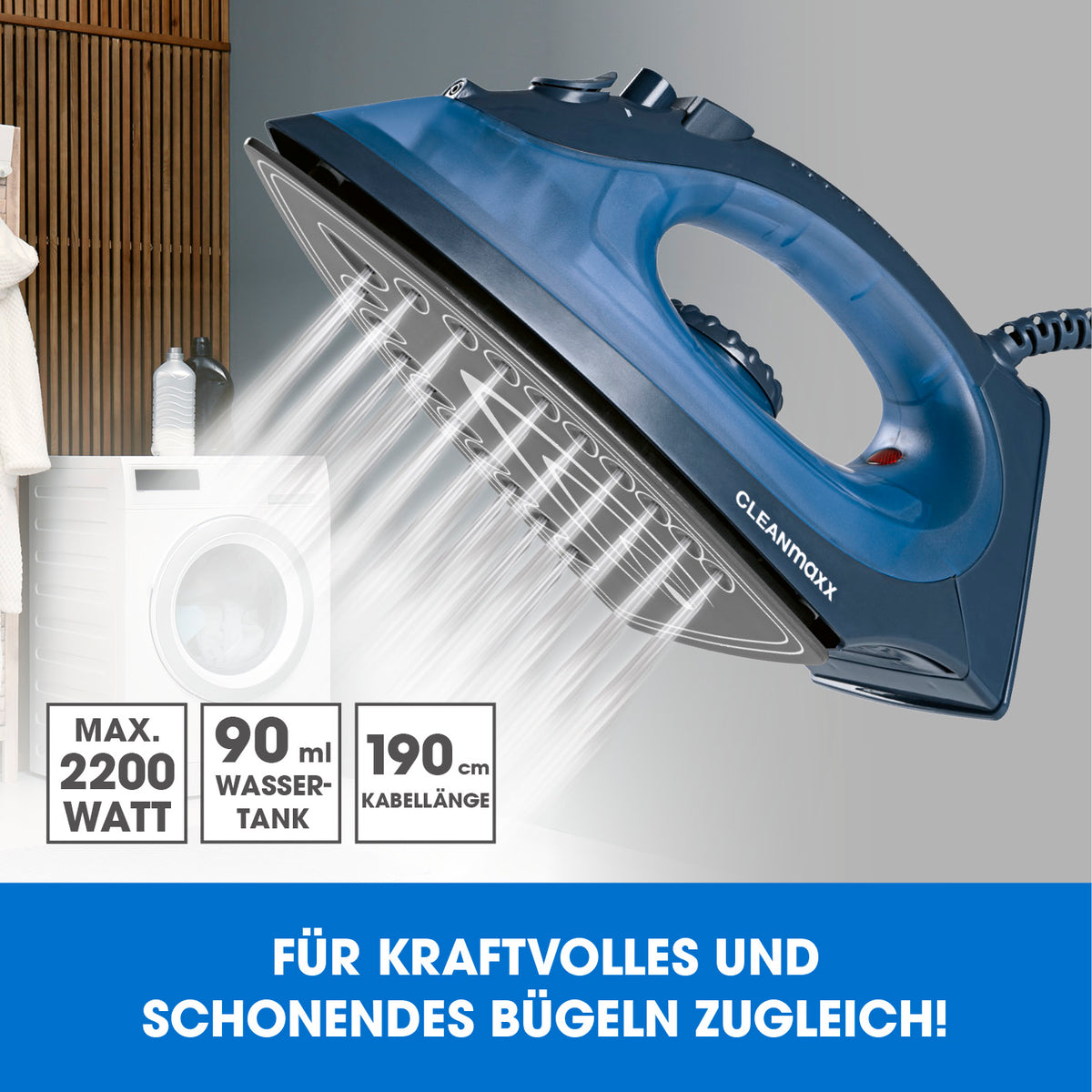Dampfbügeleisen mit Keramiksohle - blau/dunkelblau mit 2200 Watt 90 ml Wassertank und 190 cm Kabel