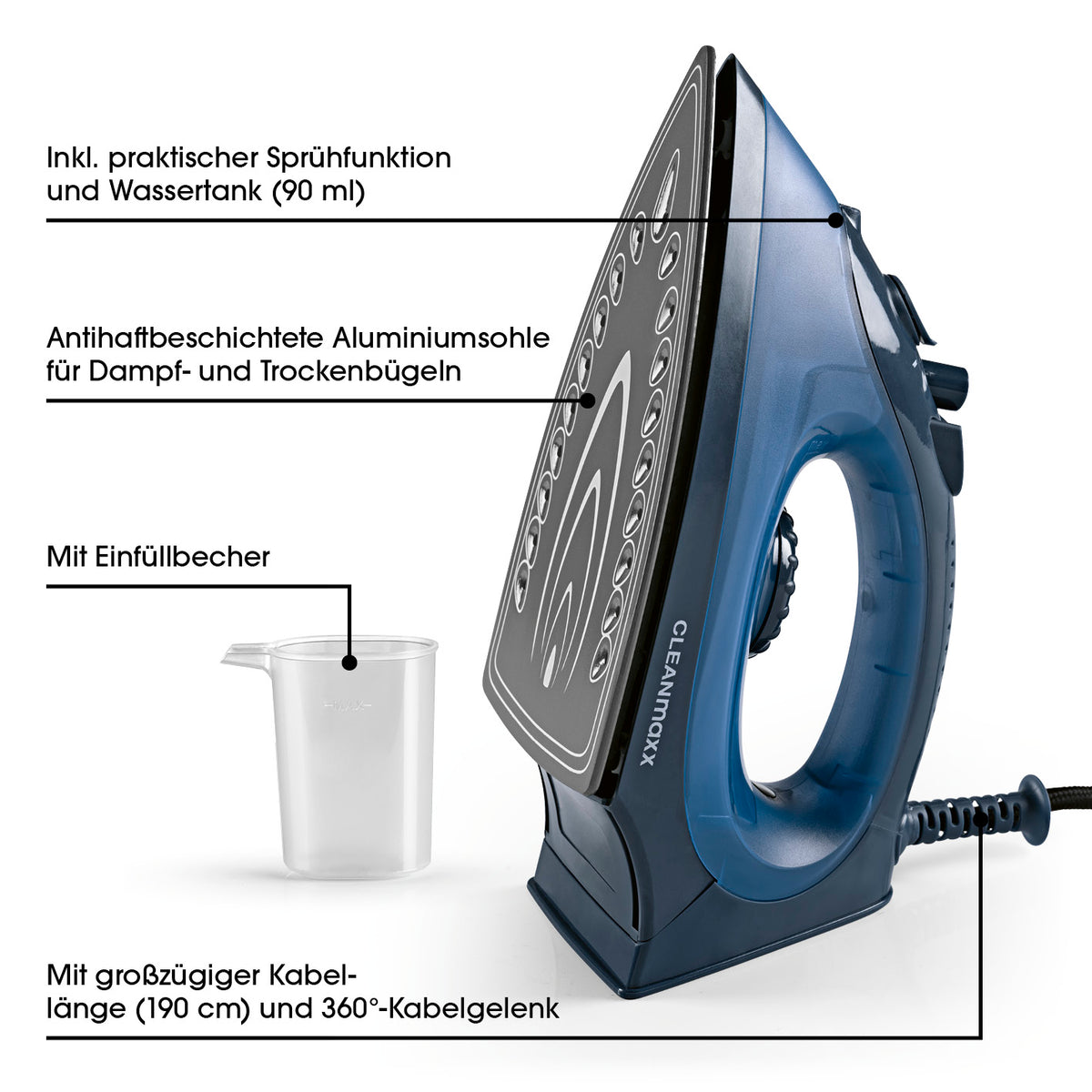 Dampfbügeleisen mit Keramiksohle - blau/dunkelblau mit Einfüllbecher und großem Kabel