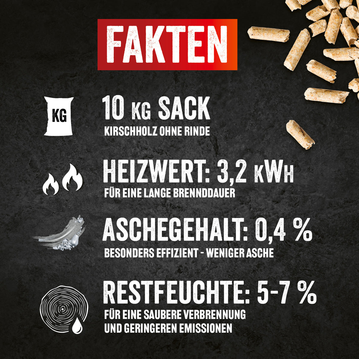 Grillpellets Kirschholz 10 kg mit hohem Heizwert, geringem Aschegehalt und Restfeuchte für effizientes Grillen und saubere Verbrennung.