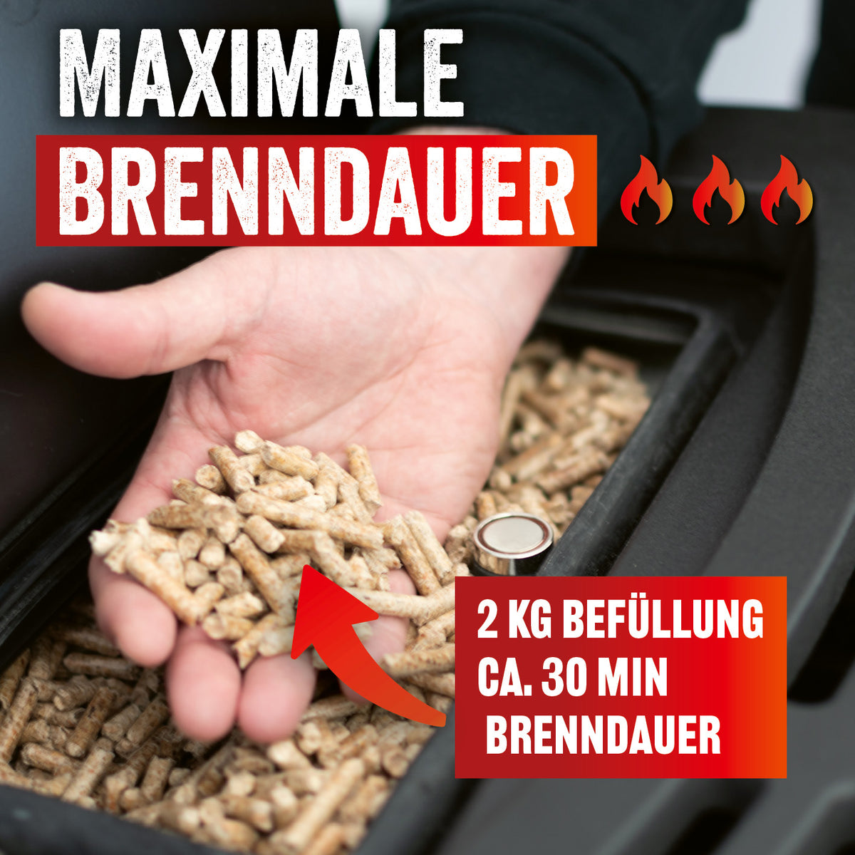 Grillpellets Kirschholz 10 kg in Hand, zeigt maximale Brenndauer und 2 kg Befüllung für ca. 30 Minuten Rauchvergnügen.