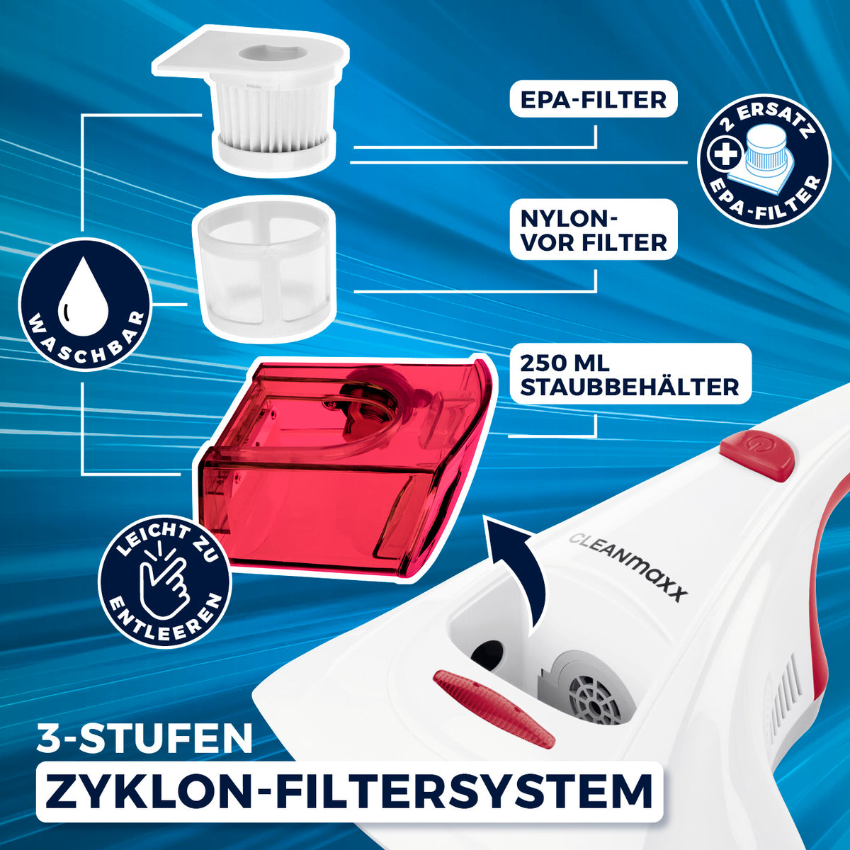 Milbensauger Vibration + 2 EPA-Filter - Weiß/Rot mit 3-Stufen Zyklon-Filtersystem, waschbaren Filtern und 250 ml Staubbehälter.