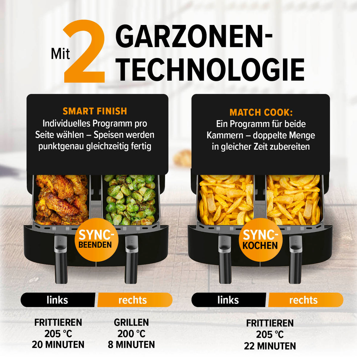 Doppelkammer-Heißluftfritteuse - 2 x 3,5 L mit 2 Garzonen, 9 Funktionen, 2400W, Touchdisplay und schnellem, fettarmem Garen.