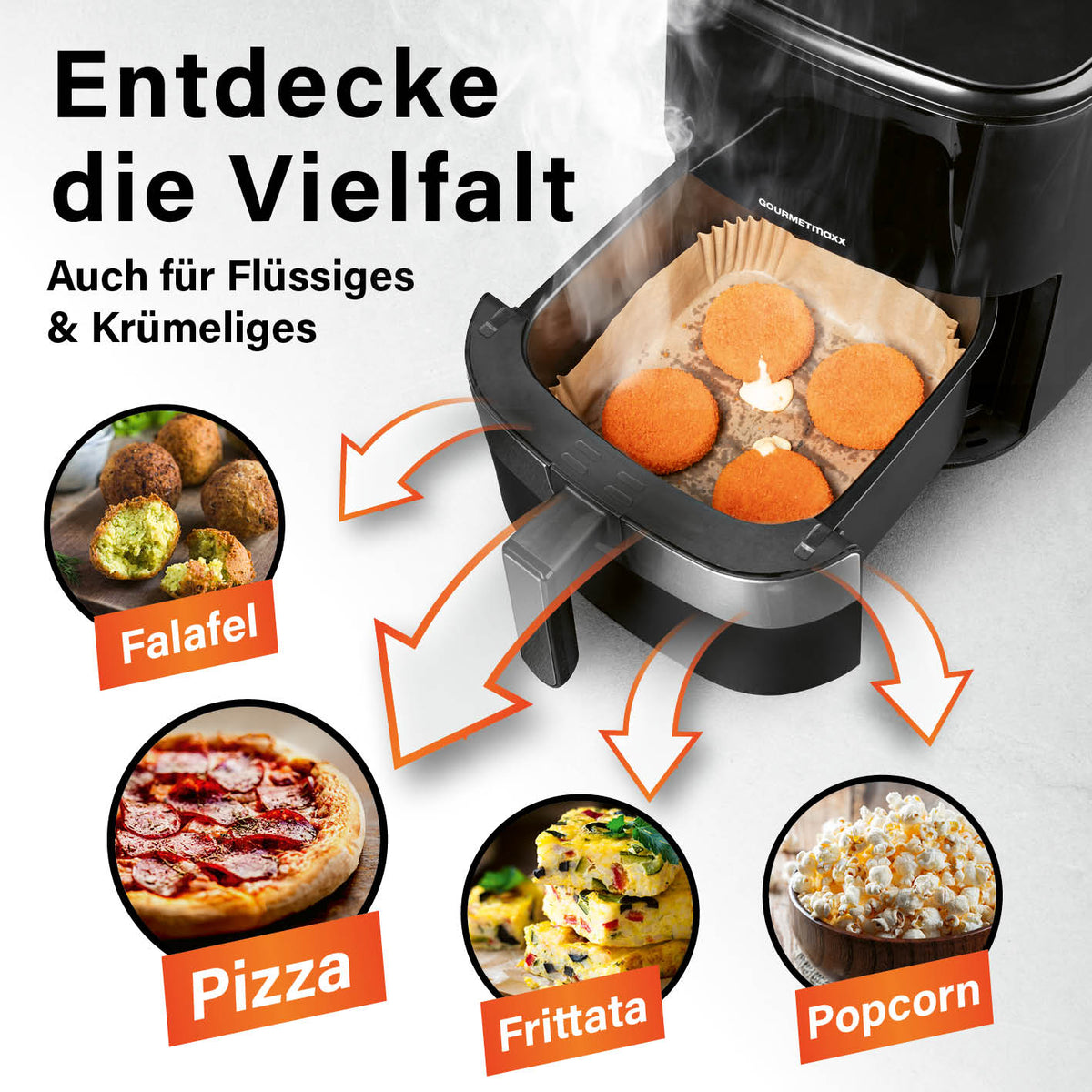 Backpapierschalen für Heißluftfritteusen (5–6 l) - 100 Stück, zeigen vielseitige Nutzung für Falafel, Pizza, Frittata, Popcorn.