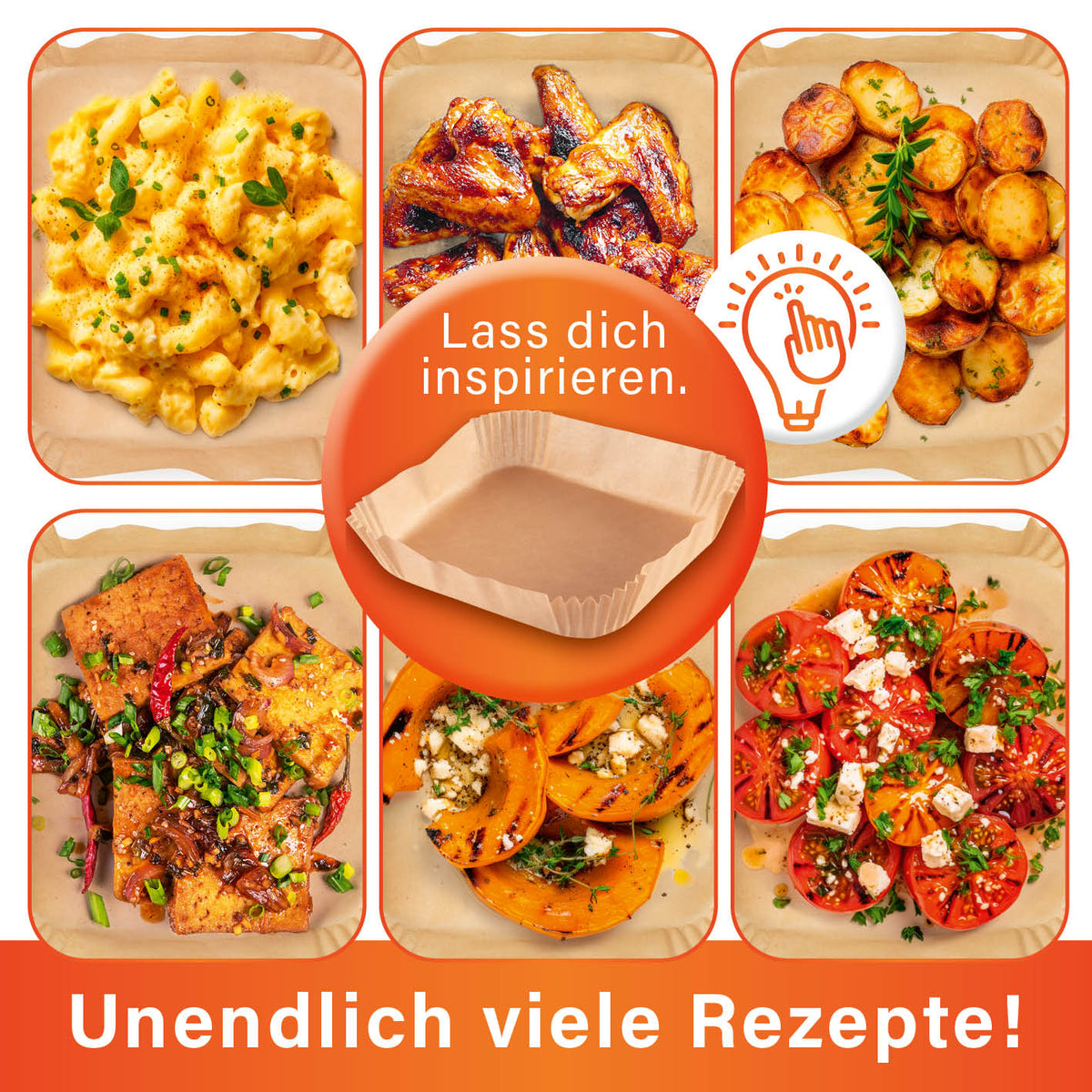 Backpapierschalen für Heißluftfritteusen (5–6 l) - 100 Stück, hitzebeständig, öl- und wasserfest für sauberes Frittieren.