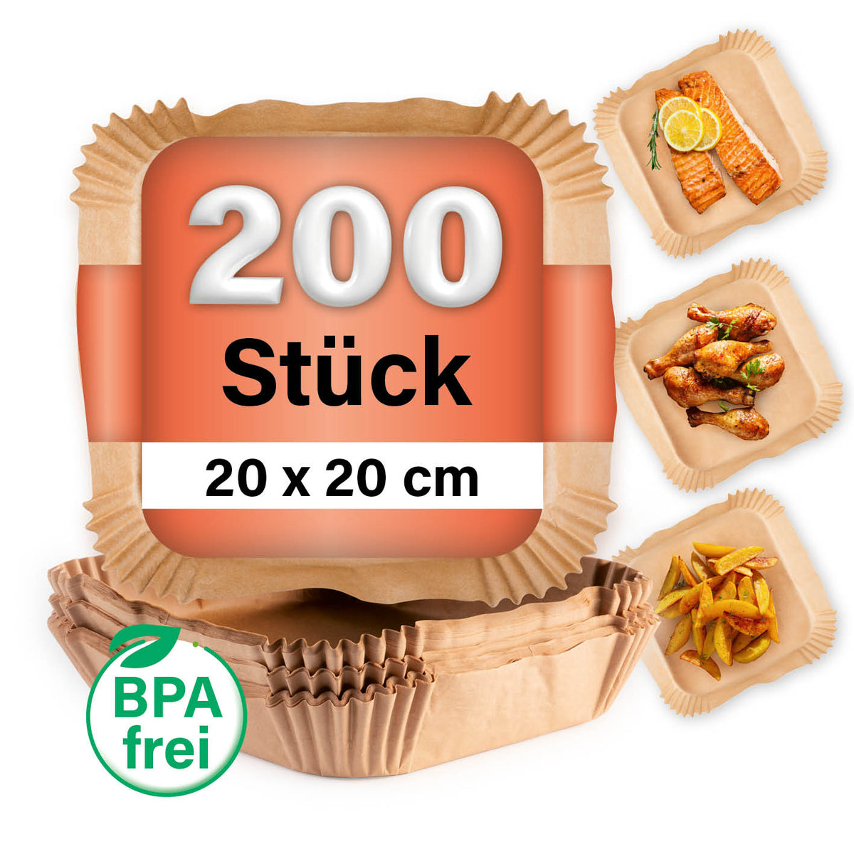 Backpapierschalen für Heißluftfritteusen (5–6 l) - 200 Stück, 20 x 20 cm, BPA frei