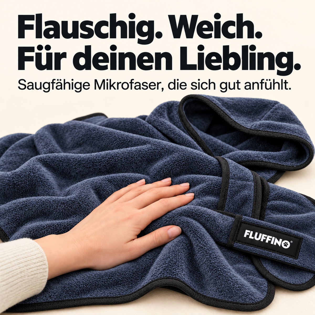 Hundebademantel - Größe S - beige/blau, flauschiger Bademantel aus saugfähiger Mikrofaser in Blau mit schwarzer Einfassung