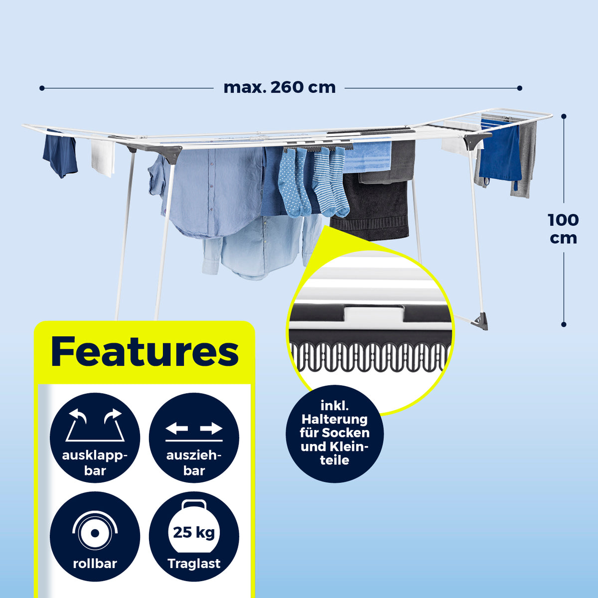 Falt-Wäscheständer 2500, klappbar, rollbar, ausziehbar bis 260 cm, 25 kg Traglast, mit Halterung für Socken und Kleinteile.