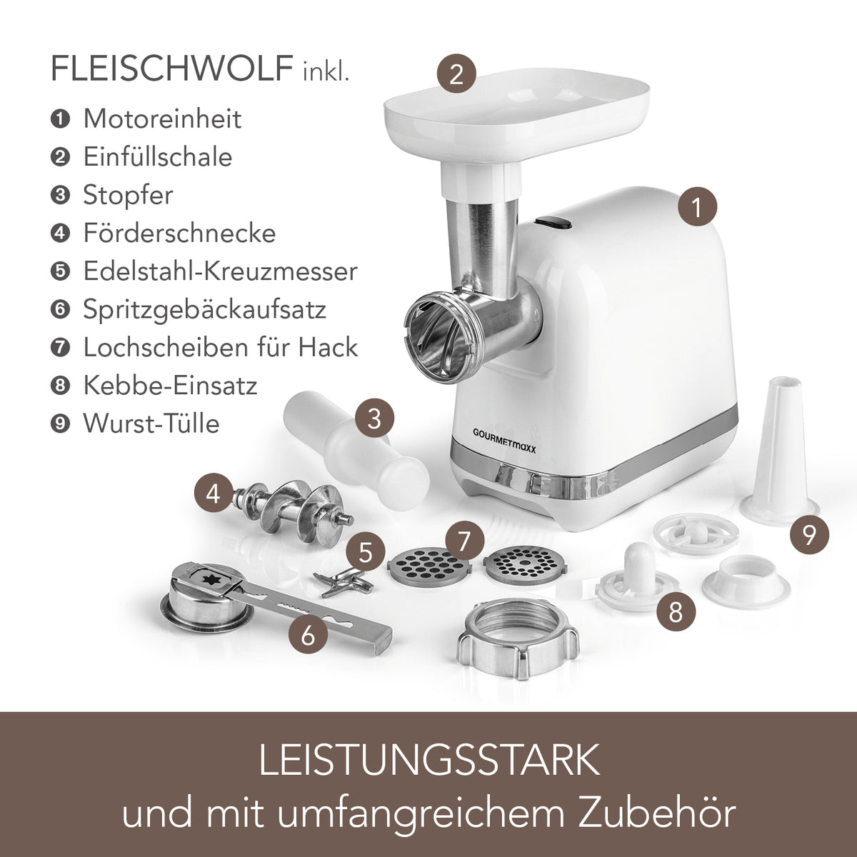 Fleischwolf mit Motor, Einfüllschale, Zubehörsets für Wurst, Hack, Kebbe und Spritzgebäck, inkl. Edelstahlmesser und Lochscheiben.