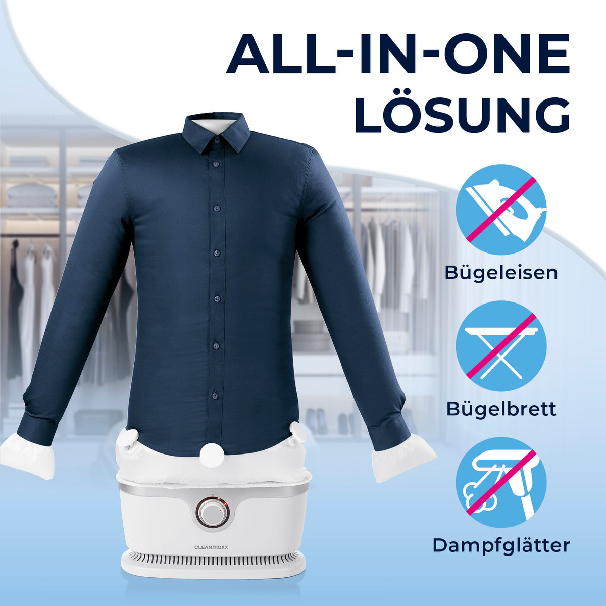 Hemdenbügler PRO - Silber/Weiß zeigt faltenfreie Hemden ohne Bügeleisen, Bügelbrett und Dampfglätter in einem Gerät.