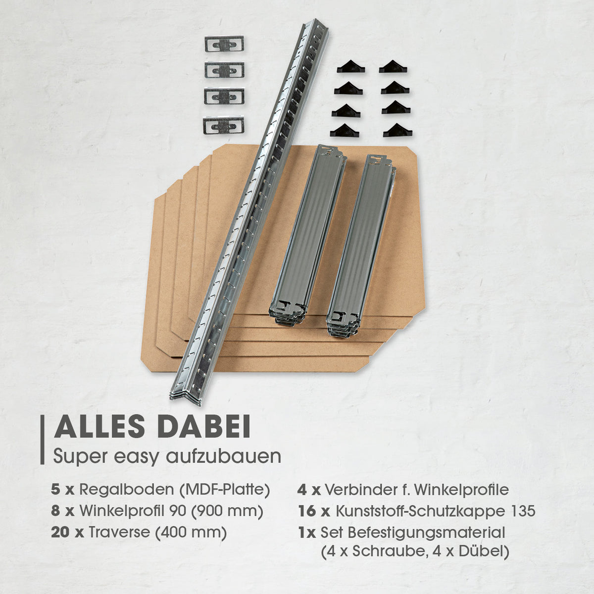 Schwerlastregal & Werkbank - 180 x 40 x 40 cm - 875 kg Traglast, 175 kg pro Ebene, Bauteile für einfache Montage auf weißem Hintergrund.